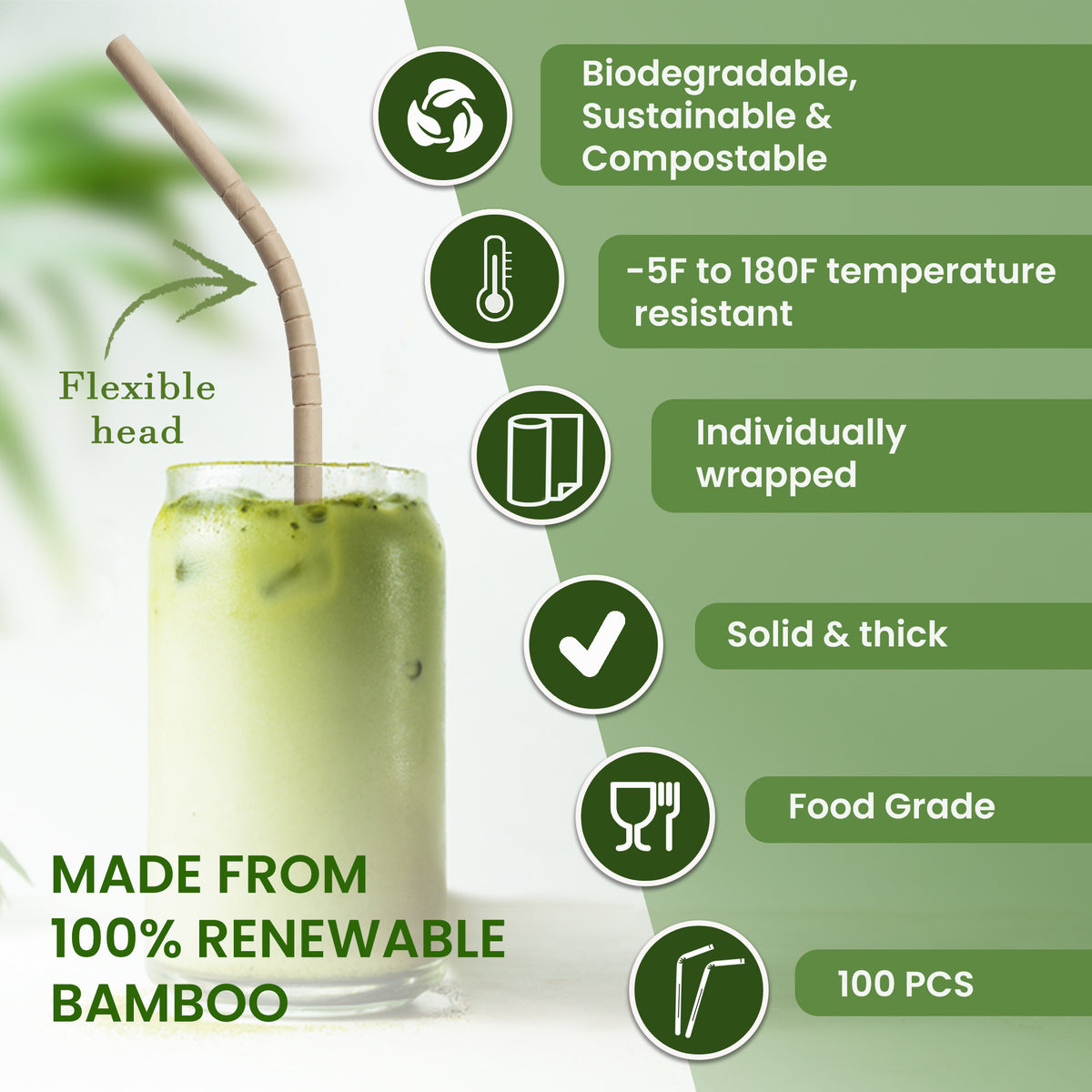 Eco-Friendly Boba Straws, Individually Wrapped, Bamboo Straws