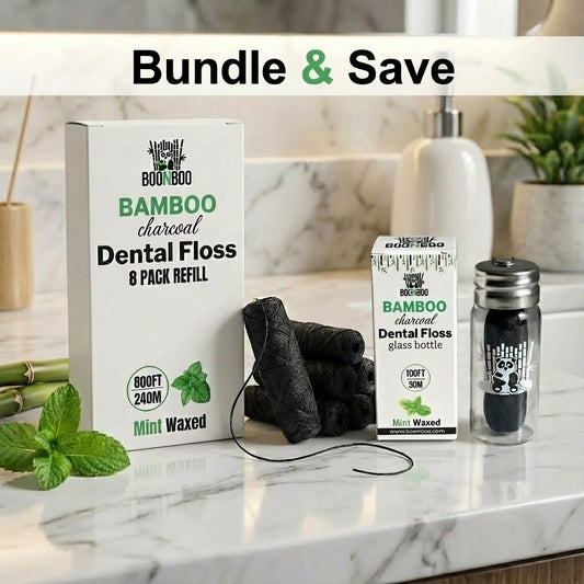 Dental Floss Glass Bottle & 8 Pack Refill, Mint Flavor