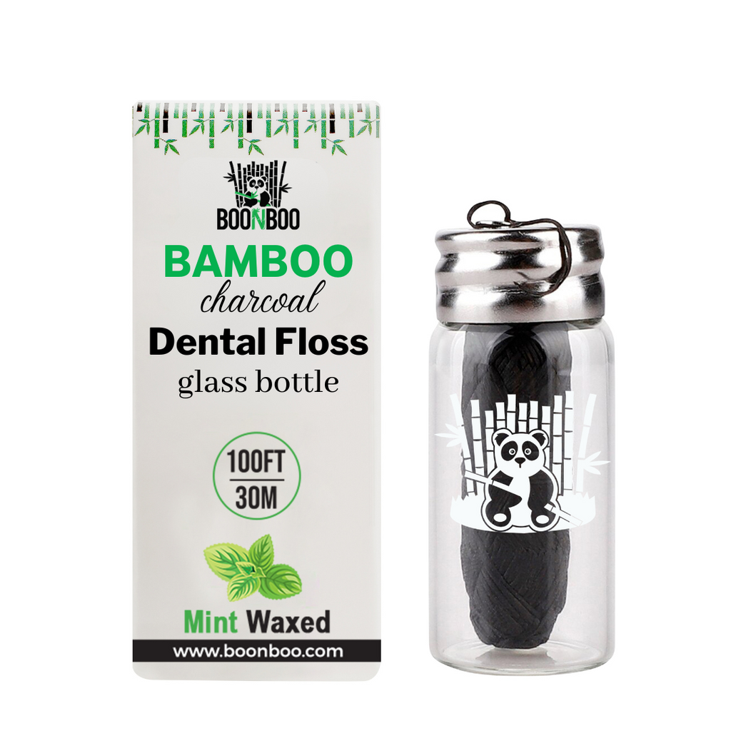 BOONBOO Dental Floss | 100FT/30M Bamboo Charcoal Woven Fiber | Refillable Glass Bottle Dispenser with Cutting Lid | Teeth Flosser with Holder