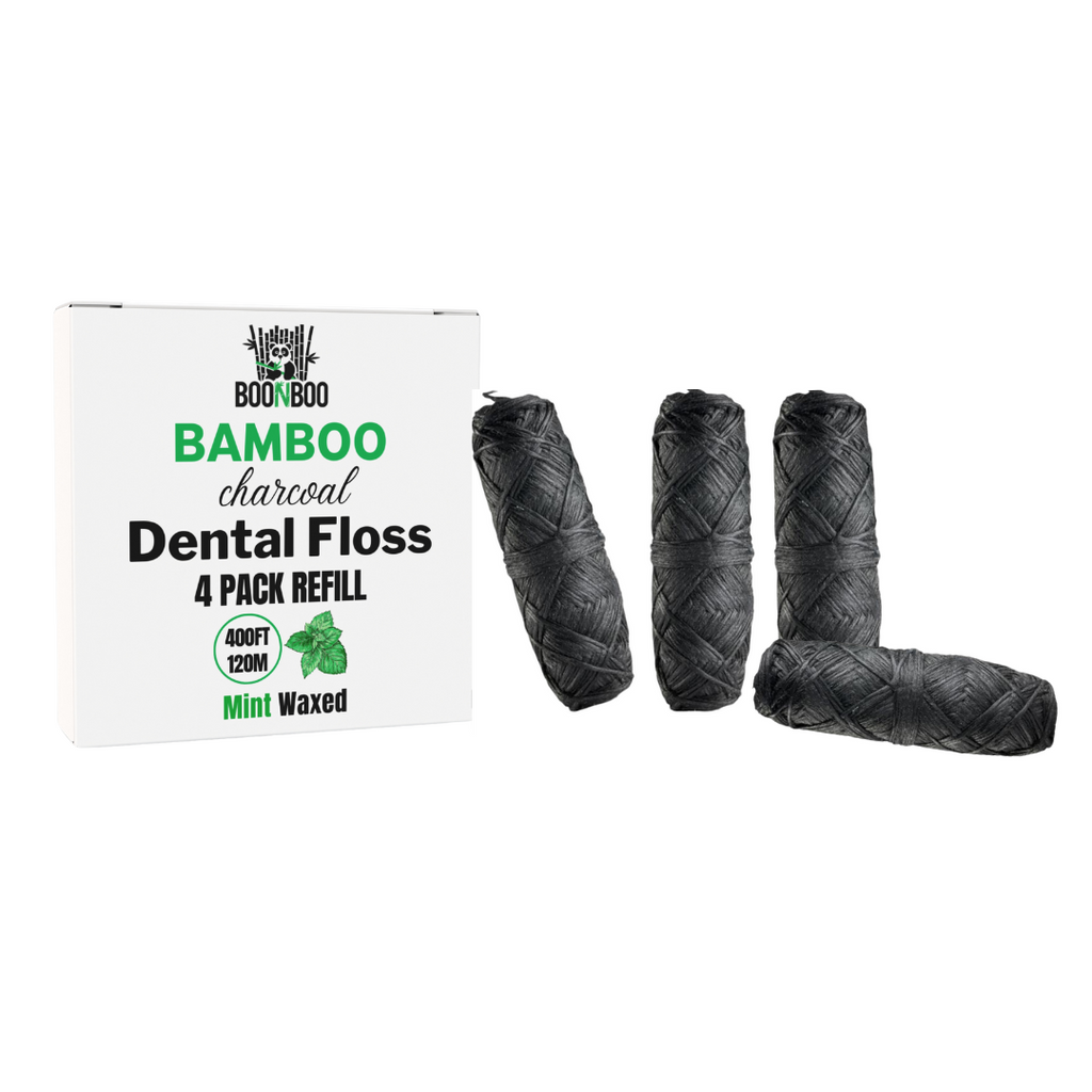 BOONBOO Dental Floss Refill | Bamboo Charcoal Woven Thread | Mint Flavor | 4pcs of 100FT/30M - Total 400FT/120M