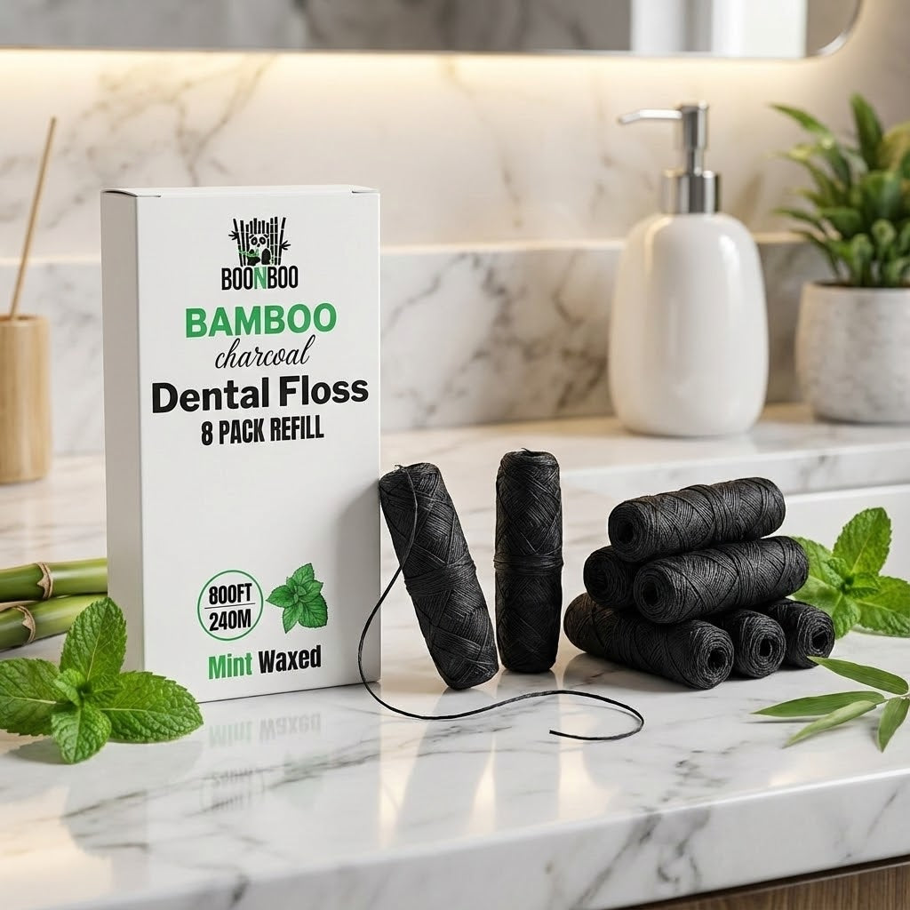 Dental Floss Glass Bottle & 8 Pack Refill, Mint Flavor