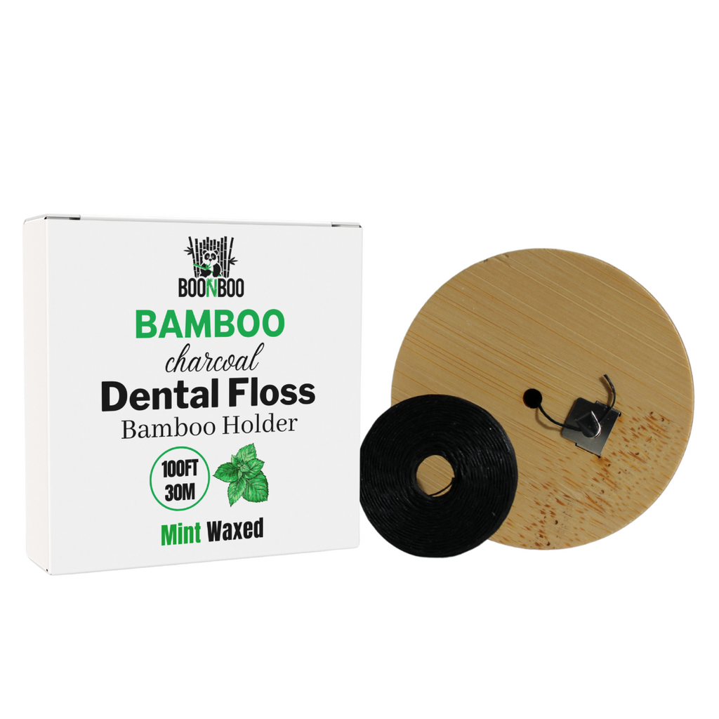 Dental Floss, Charcoal Woven Thread, Round Bamboo Holder, Mint Flavor