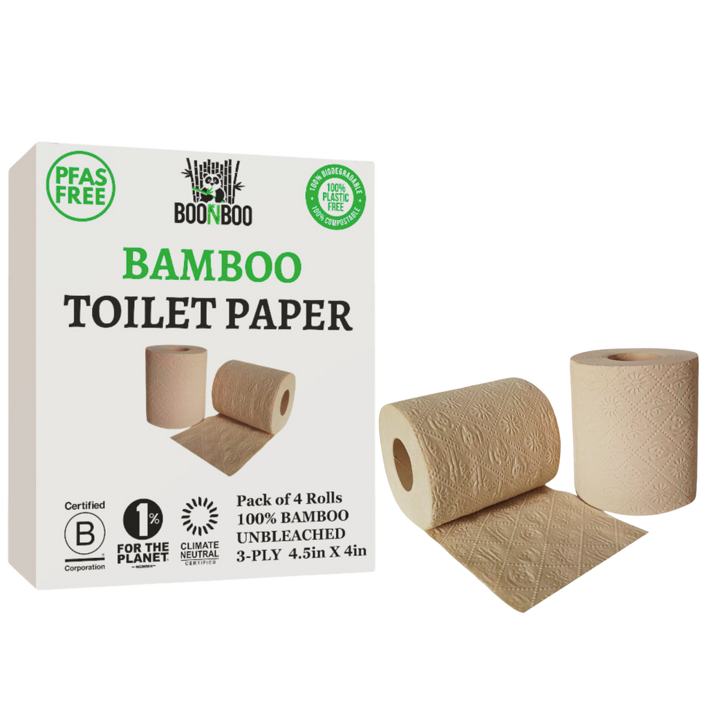 BOONBOO Toilet Paper | 100% Bamboo | Unbleached 4 Rolls | 3-Ply 180 Sheets | PFAS-FREE | Sustainable & Renewable | Plastic-Free & Tree-Free