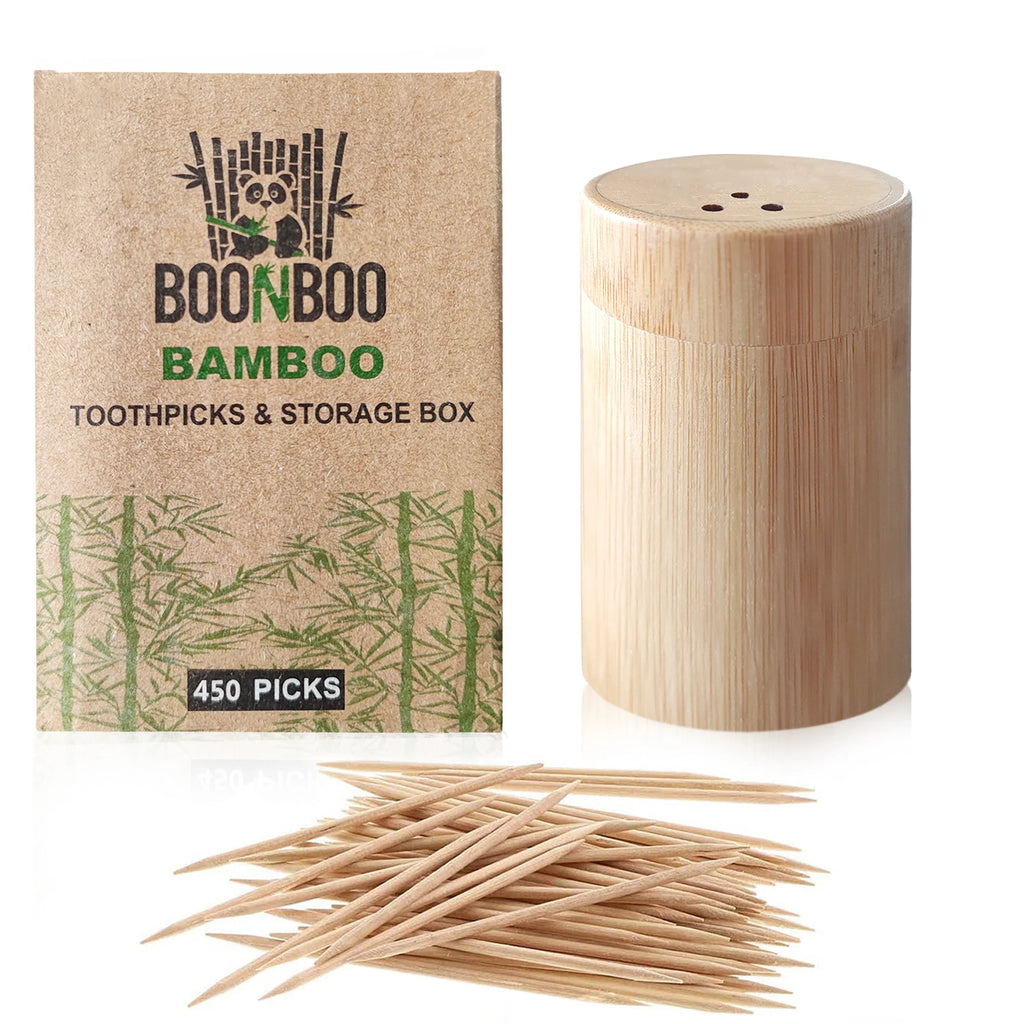 BOONBOO Double-Sided Toothpicks | 100% Bamboo Toothpicks & 100% Bamboo Storage Box | Sustainable & Biodegradable | 450 Count