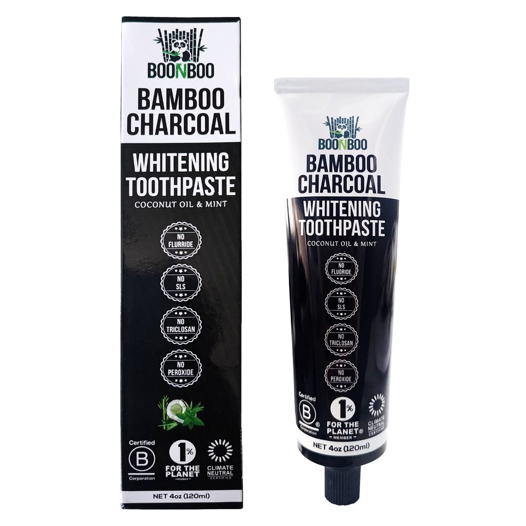 BOONBOO Bamboo Charcoal Toothpaste | 4oz / 120ml | Mint Flavor | Aluminum Tube with Bioplastic Cap | 100% Plastic-Free & Recyclable | Charcoal Paste for Teeth Cleaning & Whitening