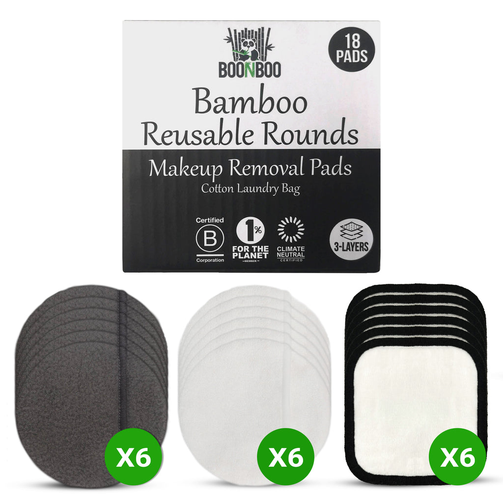 BOONBOO Reusable Make-Up Removal Pads | Facial Rounds for Makeup Removal | 18 Pads + Laundry Bag | Bamboo and Cotton Fiber | Sustainable & Biodegradable | Plastic-Free